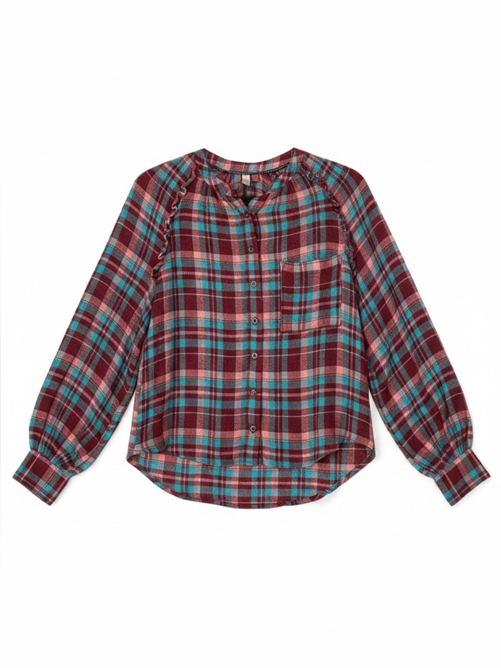 Pilcro Women’s Plaid Blouse Top Ruffle Shoulder Hi Low Hem Size XS